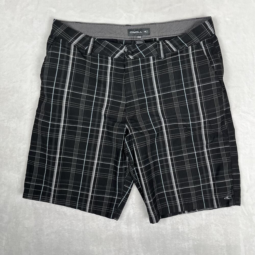 O'Neill Shorts Mens 38 Black Plaid Chino 11 Inseam Casual Pockets Surf Y2K